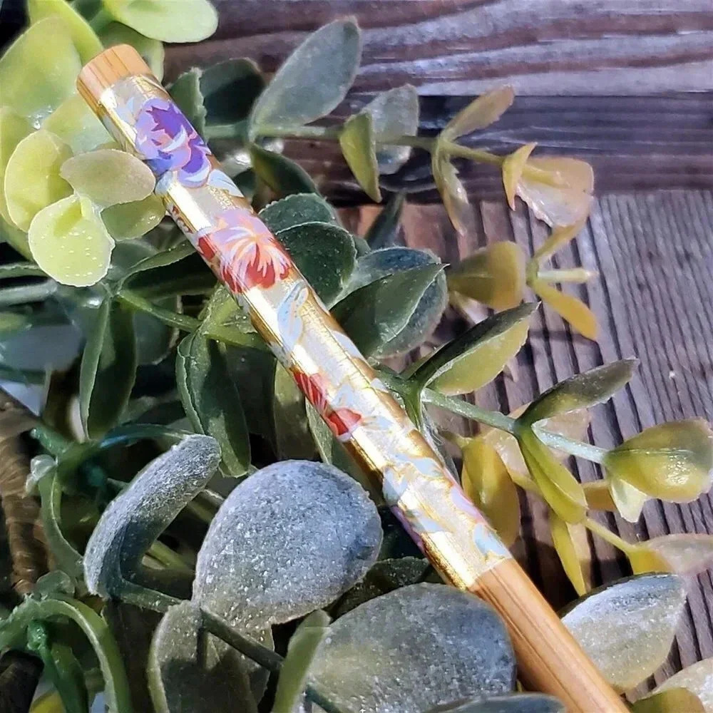 Japanese Flower Print Tortoise Shell Bamboo Hair Stick Gold Purple Pink Multi
